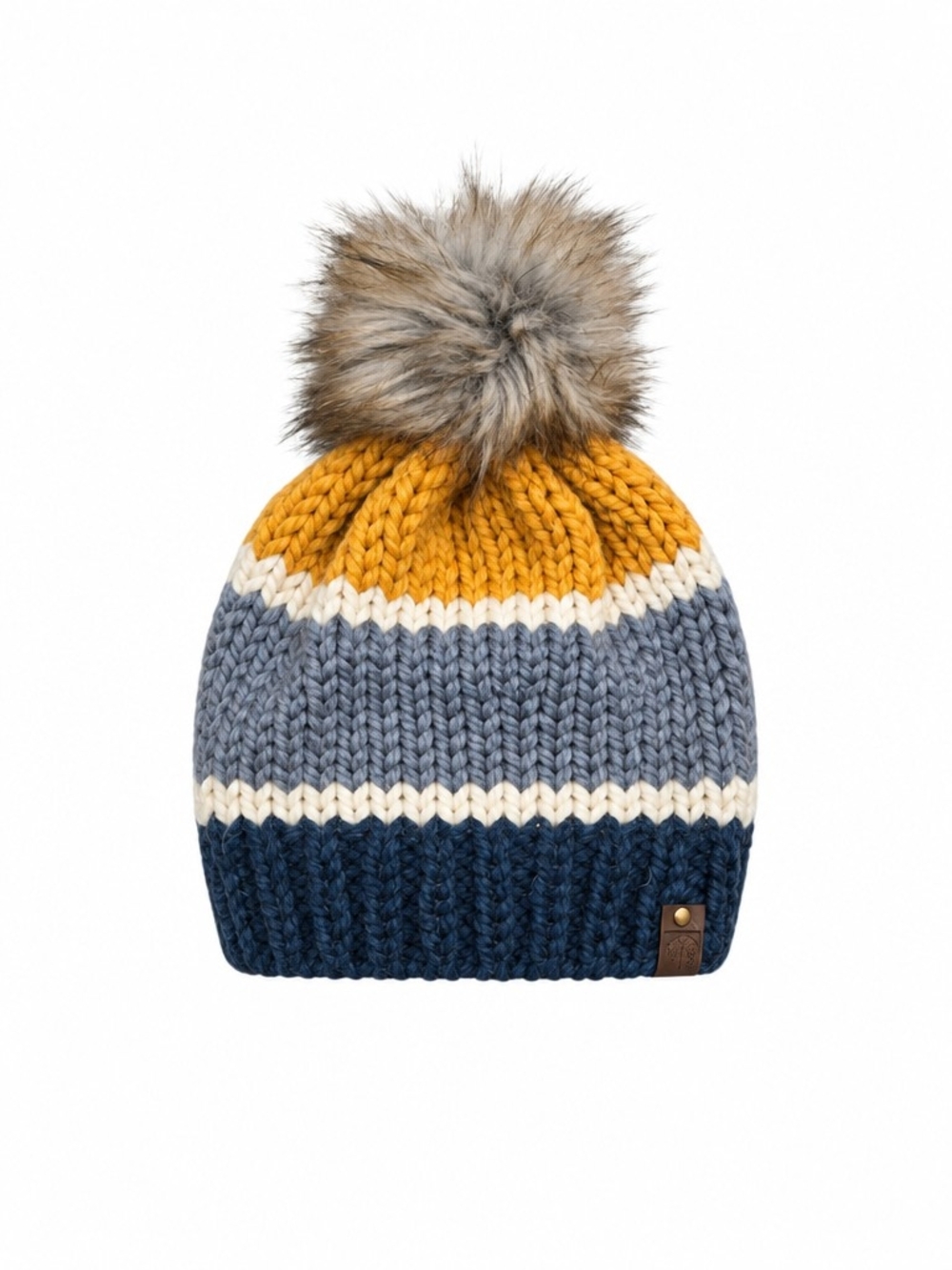 Handmade Artisan Beanie Colorblock Pom in Mustard, Gray & Navy Wild Heart Design